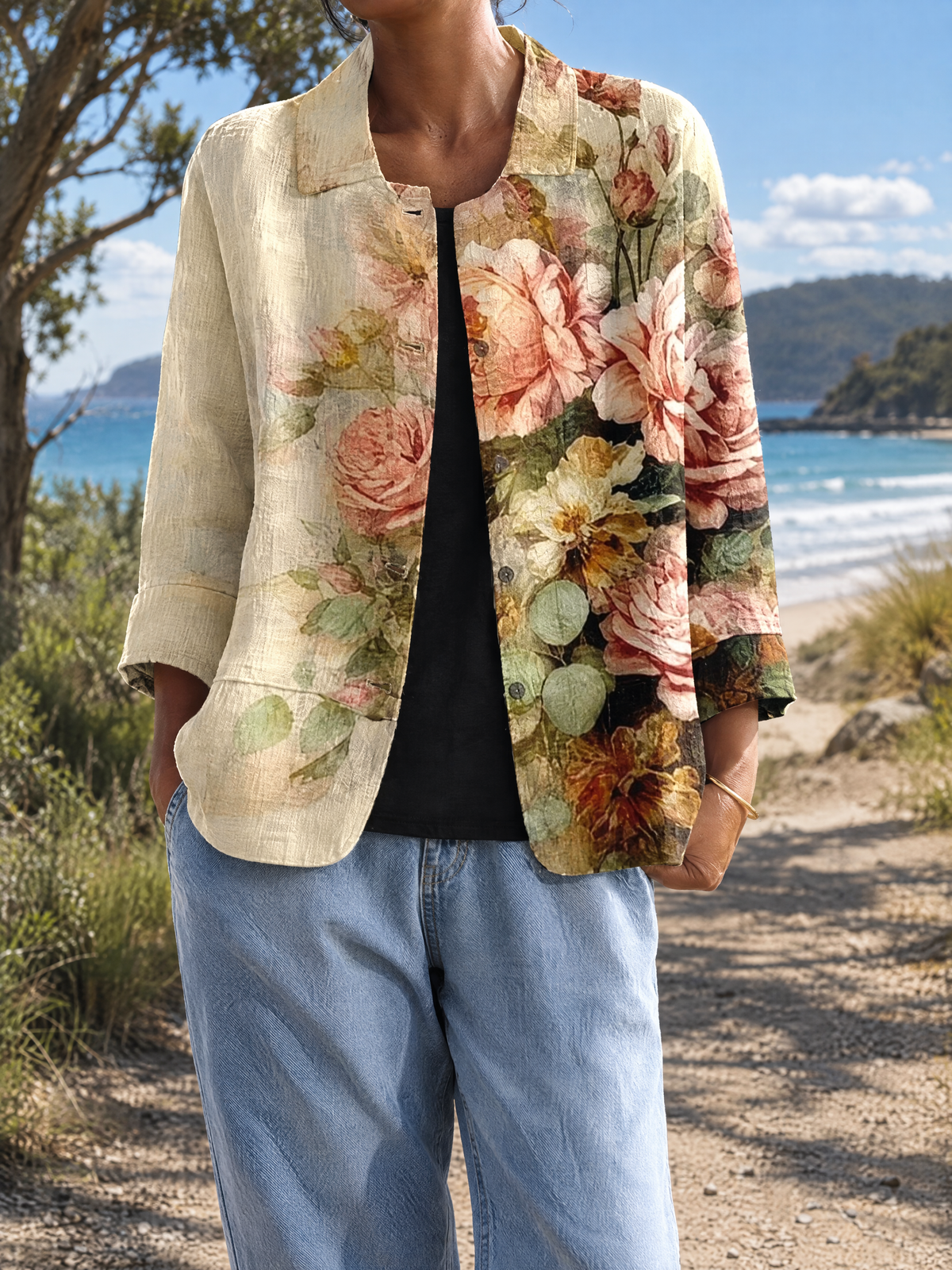 Sanjana | Floral Print Open-Front Jacket